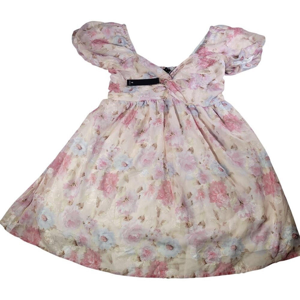 Lulu's Floral Puff-Sleeve Mini Dress in Blush Pink and Cream